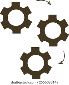 Three gears in a triangular formation with arrows indicating the direction of rotation: top-left gear clockwise, top-right gear counterclockwise, and bottom gear clockwise.