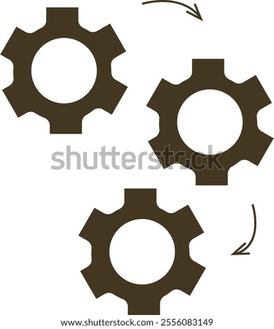 Three gears in a triangular formation with arrows indicating the direction of rotation: top-left gear clockwise, top-right gear counterclockwise, and bottom gear clockwise.