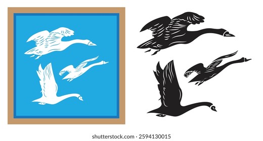 Three geese flying silhouette vector isolated on white