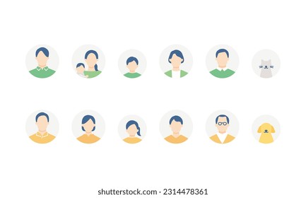 Conjunto de iconos de fondo de círculo de avatar de la familia de tres generaciones