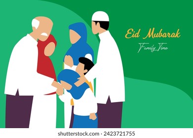 Three generation family celebrating eid mubarak flat 2d vector illustration