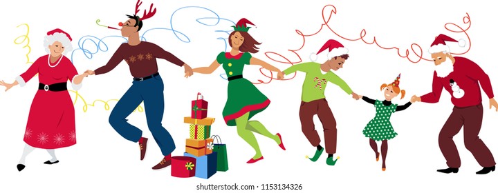 Three generation family in Christmas costumes dancing and celebrating together, EPS 8 vector illustration