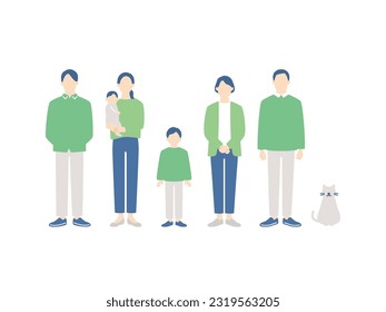 Three generation family. Grandparents, parents, children, grandchildren and pet cat. simple full body illustration