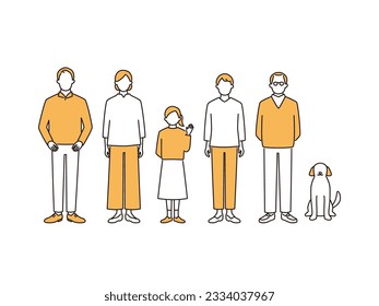 Familie der drei Generationen. Großeltern, Eltern, Kinder, Enkelkinder und Haustier-Hund. einfache Ganzkörpergrafik