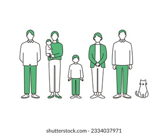 Three generation family. Grandparents, parents, children, grandchildren and pet cat. simple full body illustration