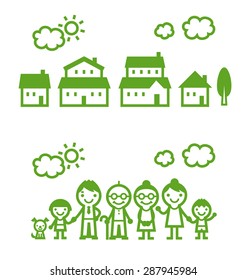 Three generation family and houses, the sun and clouds