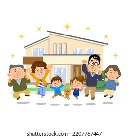 Familia de tres generaciones saltando frente a una casa nueva