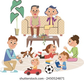 Three generation family relaxing happily in the living room