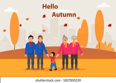 Concepto vectorial de familia de tres generaciones: Familia de tres generaciones de pie juntos en el parque de otoño