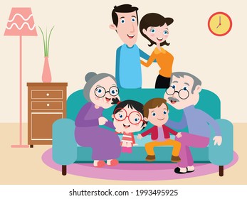 Concept vectoriel famille de trois générations: Famille de trois générations souriante ensemble en posant dans le salon à la maison