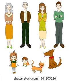 Three Generation Familys with Cat Dog in Color. Drawing Illustration