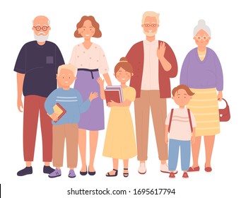 Three generation happy full big family together flat character vector illustration concept. Grandparents, smiling parents and kids. Time together.