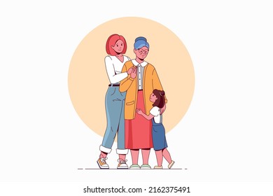 Three generation of women. Senior mother, adult daughter and girl are embracing and looking at each other in the face. Concept of motherhood, care and love.