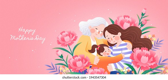 Three generations all together celebrating happy mother's day and arms holding each others   be surrounded by carnation flowers