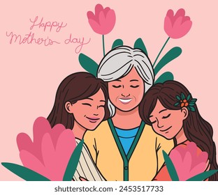 Three generations all together celebrating happy mother's day with arms wrapped around each other and surrounded by carnation flowers.