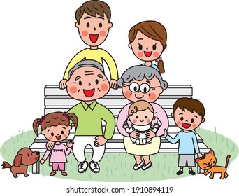 Three generations of families sit on a bench 