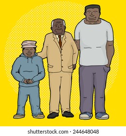 Three generations of family cartoon over yellow background