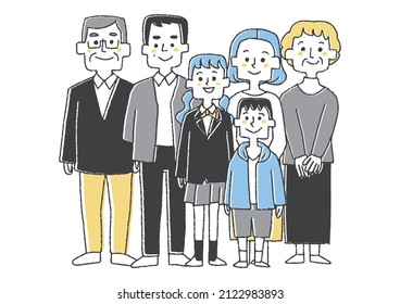 Three generations family, comical handwritten person illustration, simple coloring on vector line drawing, white background