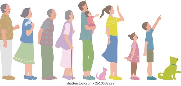 Three generations of family. A couple looking up with a smile, parents and children, and a pet.