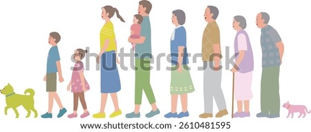 Three generations of family. A couple walking with a smile, parents and children, and a pet.