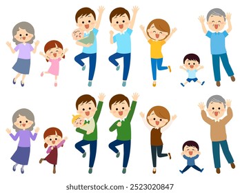 Three generations of family jumping for joy