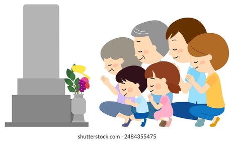 Three generations of family members visiting a grave