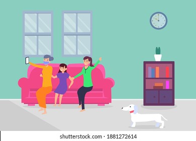 Three generations family in new normal vector concept: Three generations family take selfie picture on the sofa together while wearing face mask