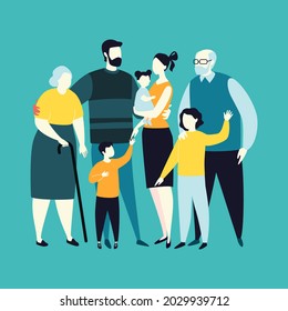 Three generations of family together.  Grandma, grandpa, mom, dad, children. Vector illustration flat cartoon style.