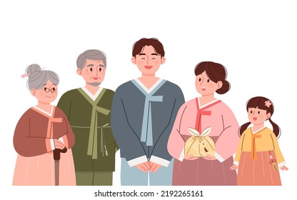 Three generations of a large family wearing hanbok. Concept vector illustration of people celebrating Korean holidays such as Lunar New Year and Chuseok.