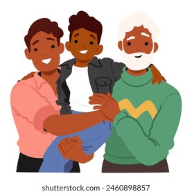 Three Generations Of Men, A Father, Son, And Grandfather Characters Stand Together With Loving Smiles, Their Embracing Poses Symbolizing The Strong Family Connections Honored On Fathers Day, Vector