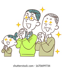 Three generations of men praying with shining eyes