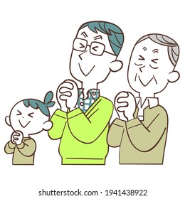 Three generations of men praying with their eyes closed
