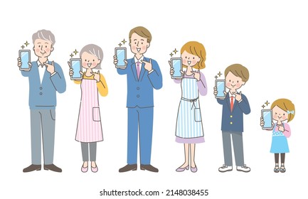 Three generations of smiling families showing the screen of the smartphone