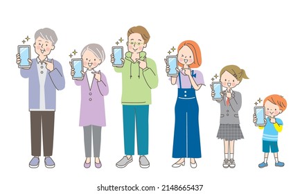Three generations of smiling families showing the screen of the smartphone