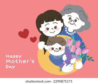 Three generations of smiling family, cute little boy hugging her mom and grandmother. Concept for mother's day. Vector illustration.