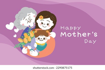 Three generations of smiling women, cute little girl hugging her mom and grandmother. Concept for mother's day. Vector illustration.