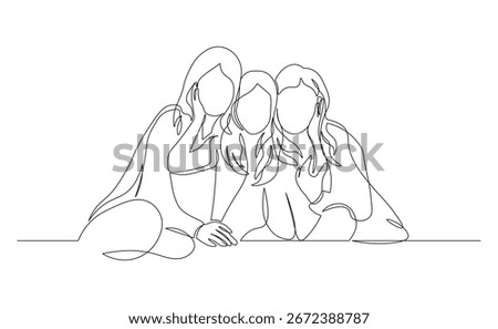 Three Generations Together. Child, Mom, and Grandma in One Line Art Drawing