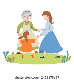 Three generations of women dancing together. Family holiday time. Happy free women. Grandmother, mother, daughter. Mother's Day vector flat illustration. For greeting card, invitation, banner, posters