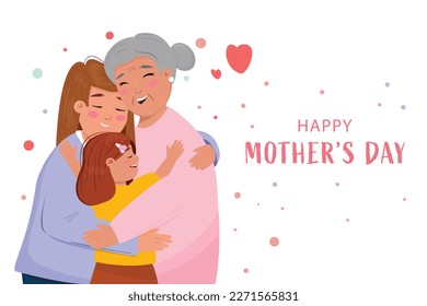 Tres generaciones de mujeres se abrazan. Abuela, madre y niñita. Feliz Día de la Madre ilustración.
