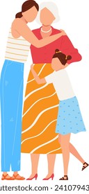 Tres generaciones de mujeres abrazándose, abuela, madre e hija mostrando afecto. Amor familiar e ilustración vectorial de unión.