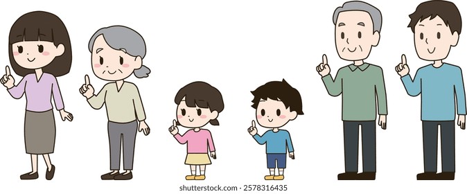 Three generations of women, men, girls, boys, elderly men, elderly women in point pose with index fingers raised