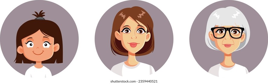 
Three Generations of Women Vector Cartoon Character Design. Little girl growing older in different life stages 
