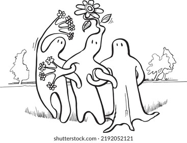 Three Generic Figures Taking on Parts of a Tree with Flowering Branches and a Tree Trunk