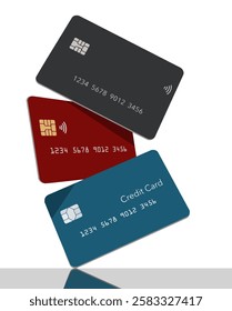 Three generic mock credit cards or debit cards are seen balancing on one another in this vector illustration about banking, finance and business.

