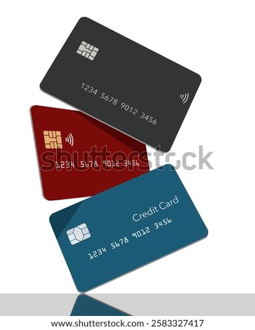 Three generic mock credit cards or debit cards are seen balancing on one another in this vector illustration about banking, finance and business.

