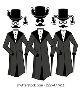 Three gentleman hares in a coat, top hat, glasses, mustache and cane, Creative sketch with the symbol of the 2023 new year, Easter concept, The English invisible man
