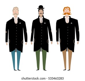 Three gentlemen in black suits. Men with mustaches and beards in a retro style.