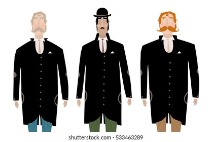 Three gentlemen in black suits. Men with mustaches and beards in a retro style.