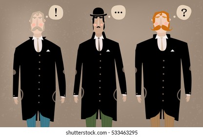 Three gentlemen in black suits. Men with mustaches and beards in a retro style.