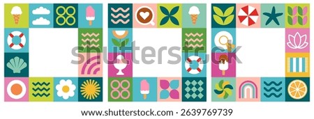 Three geometric abstract summer colorful frame of squares and icons with text box, simple shapes with ice cream, sea, hat, starfish, limon, wave, shell, rainbow. Flat vector background in retro style